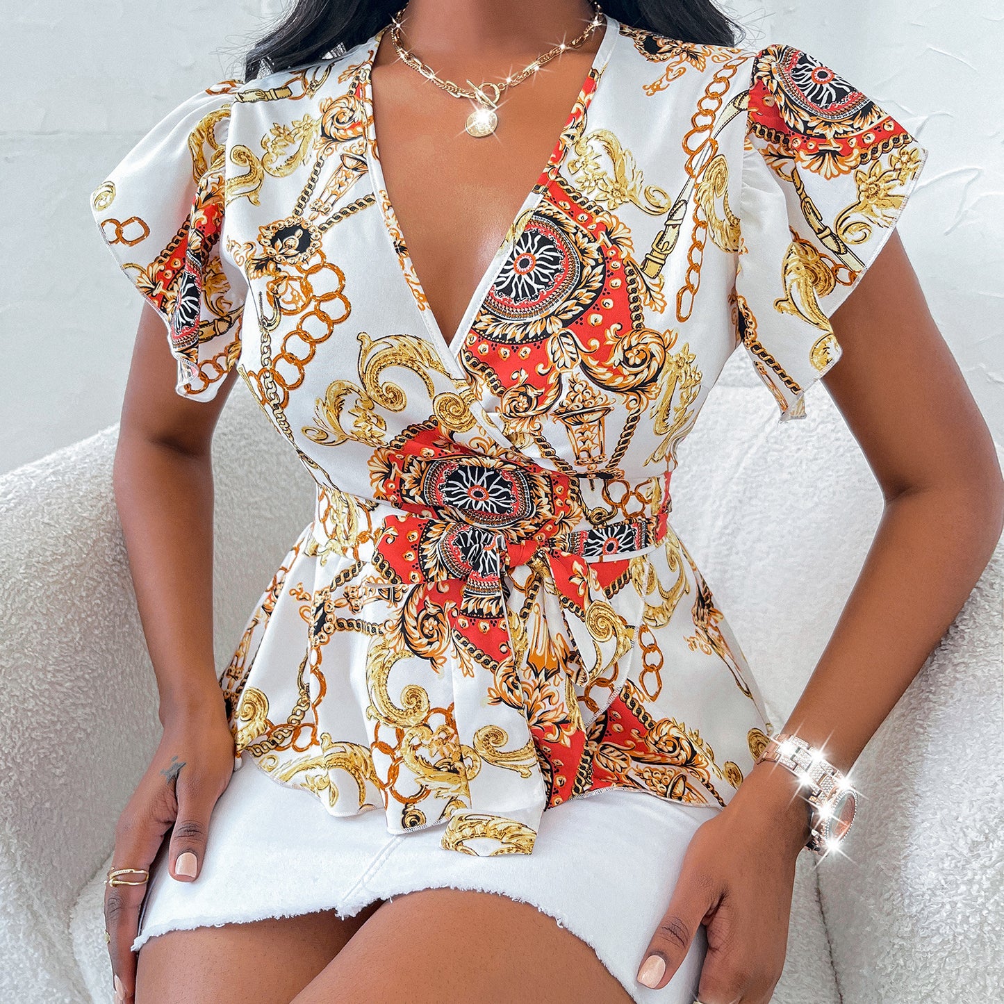 Women's V-Neck Ruffled Fly Sleeve Print Chiffon Shirt Top