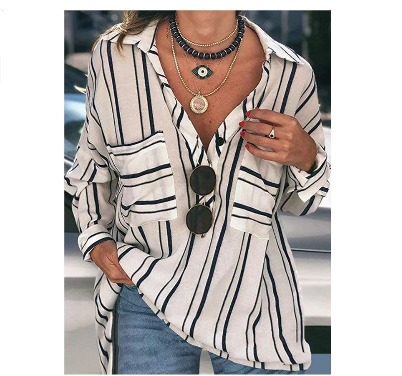 Women's V-neck striped roll sleeve button shirt