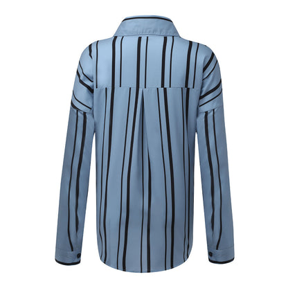 Women's V-neck striped roll sleeve button shirt