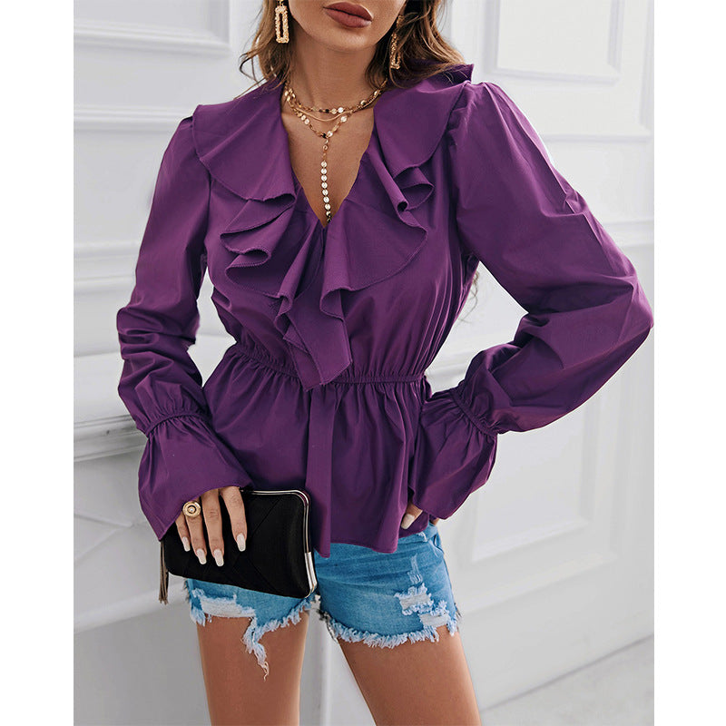 Blusa de manga larga con cuello en V y volantes