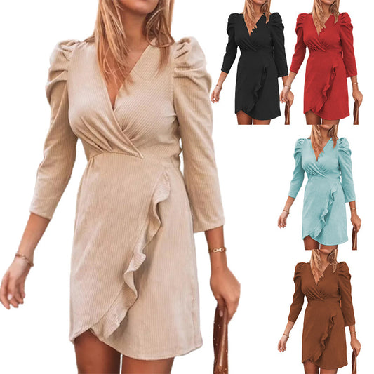 Solid Color V-neck Long-sleeved Ruffled Women's Dress