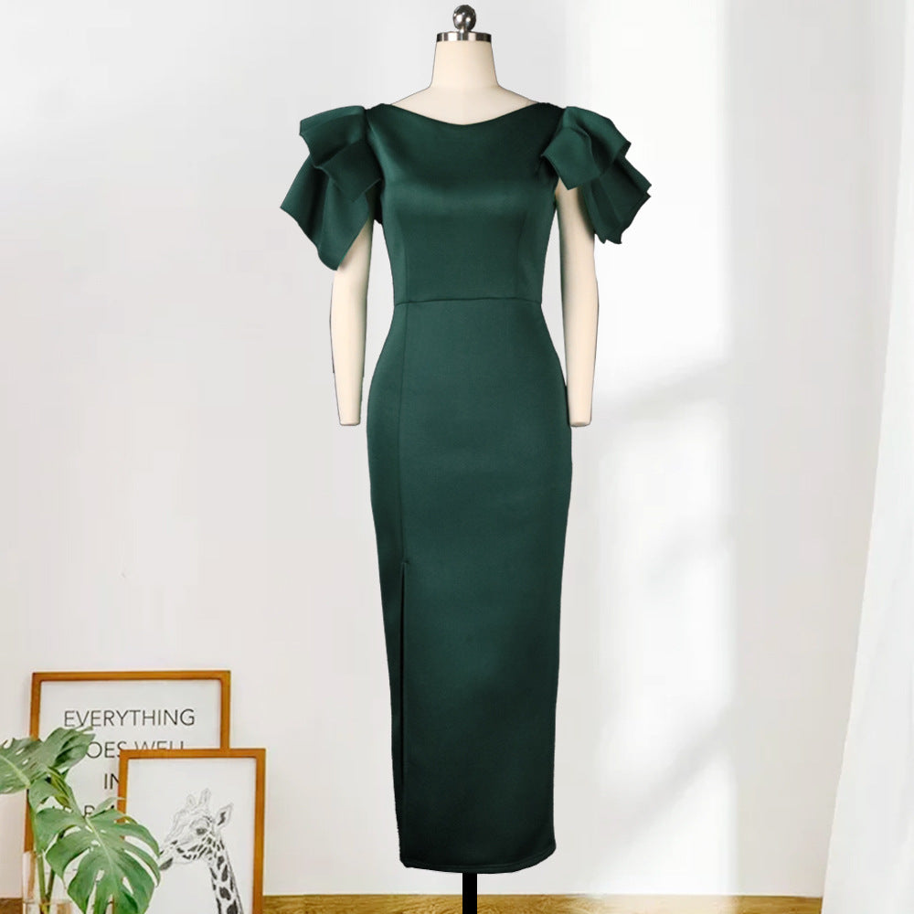 Robe de soirée grande taille verte coupe slim pour femme avec pointes fourchues