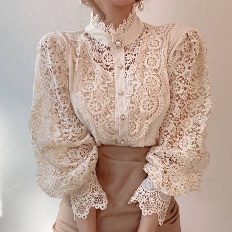 Design Palace Style Blouse Lace Stand-up Collar Long-sleeved Shirt