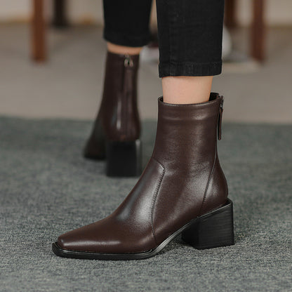 Women's Leather Chunky Heel Square Toe Ankle Boots