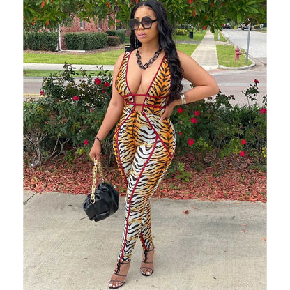 Fashion Skinny Print Tiger Cutout Sleeveless Jumpsuit