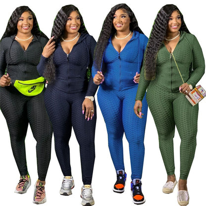 Solid Color Women Plus Size Two Piece Sport Set