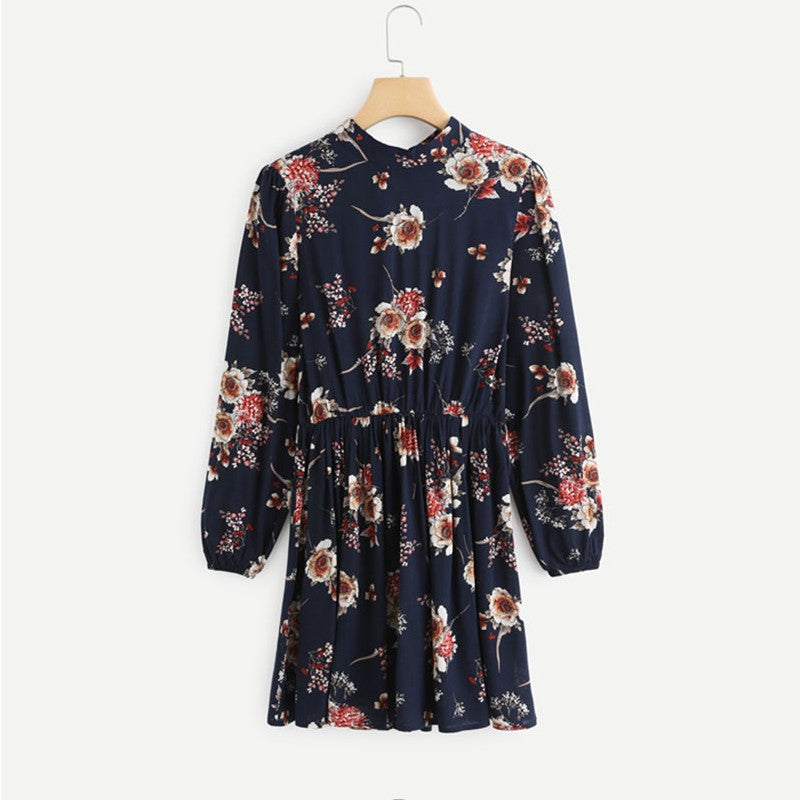 Elegant Long Sleeve High Waist Floral Dress