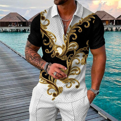 Conjunto de camisa de solapa con cremallera geométrica de manga corta con estampado 3D de moda de verano para hombre