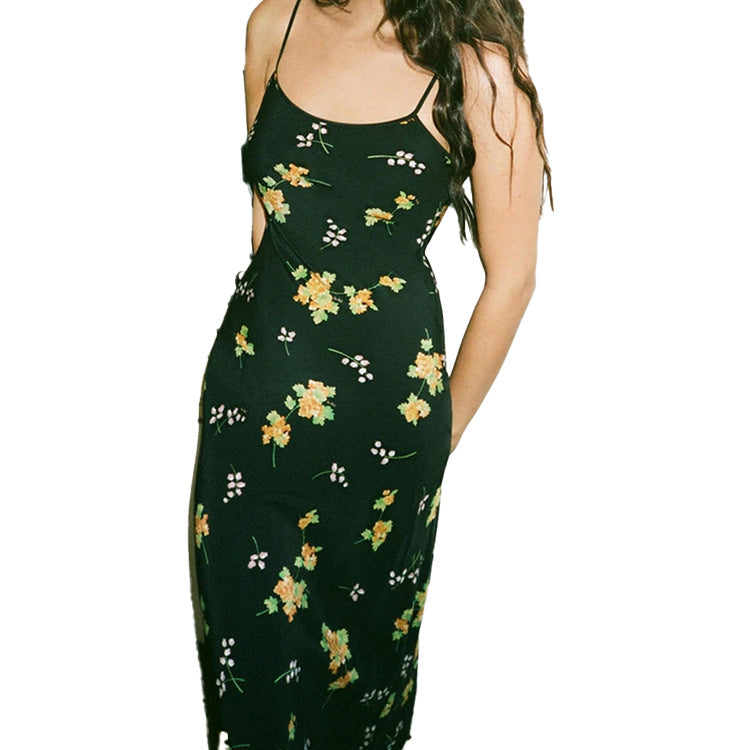 Women Printed V-neck Halter Strap Maxi Dress