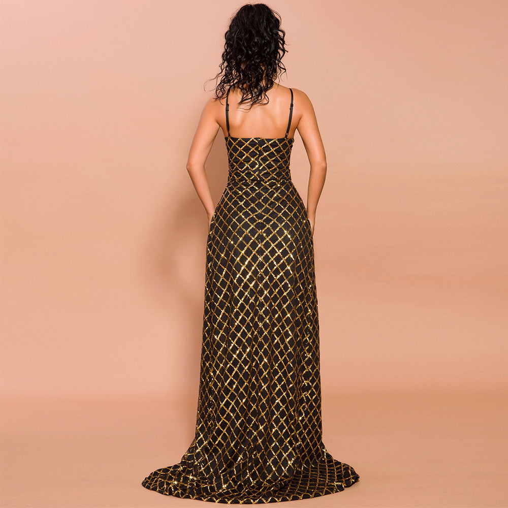 Strapless Plaid Sequined Evening Dress