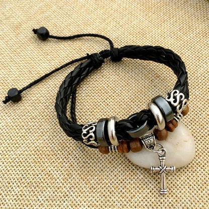 Cross stud braided leather bracelet