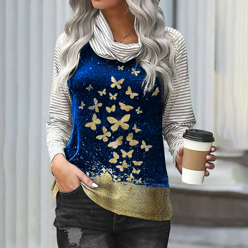 Stitching Long-sleeved Pile Neck Top Printed T-shirt