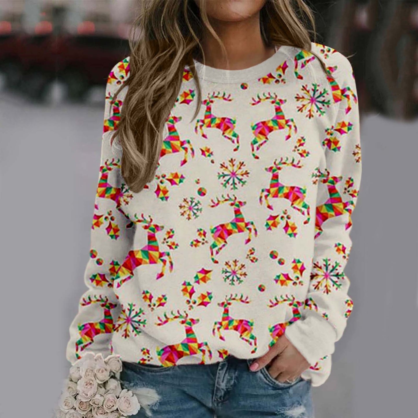 Christmas Printed Long Sleeve Loose Sweatshirt