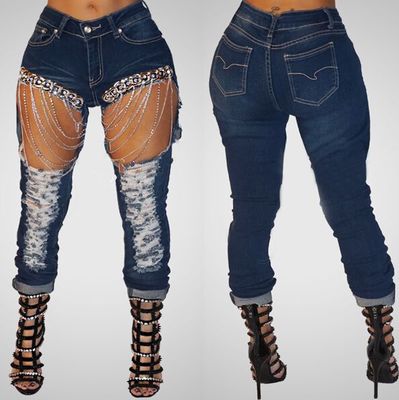 Women Ripped Chain Jeans