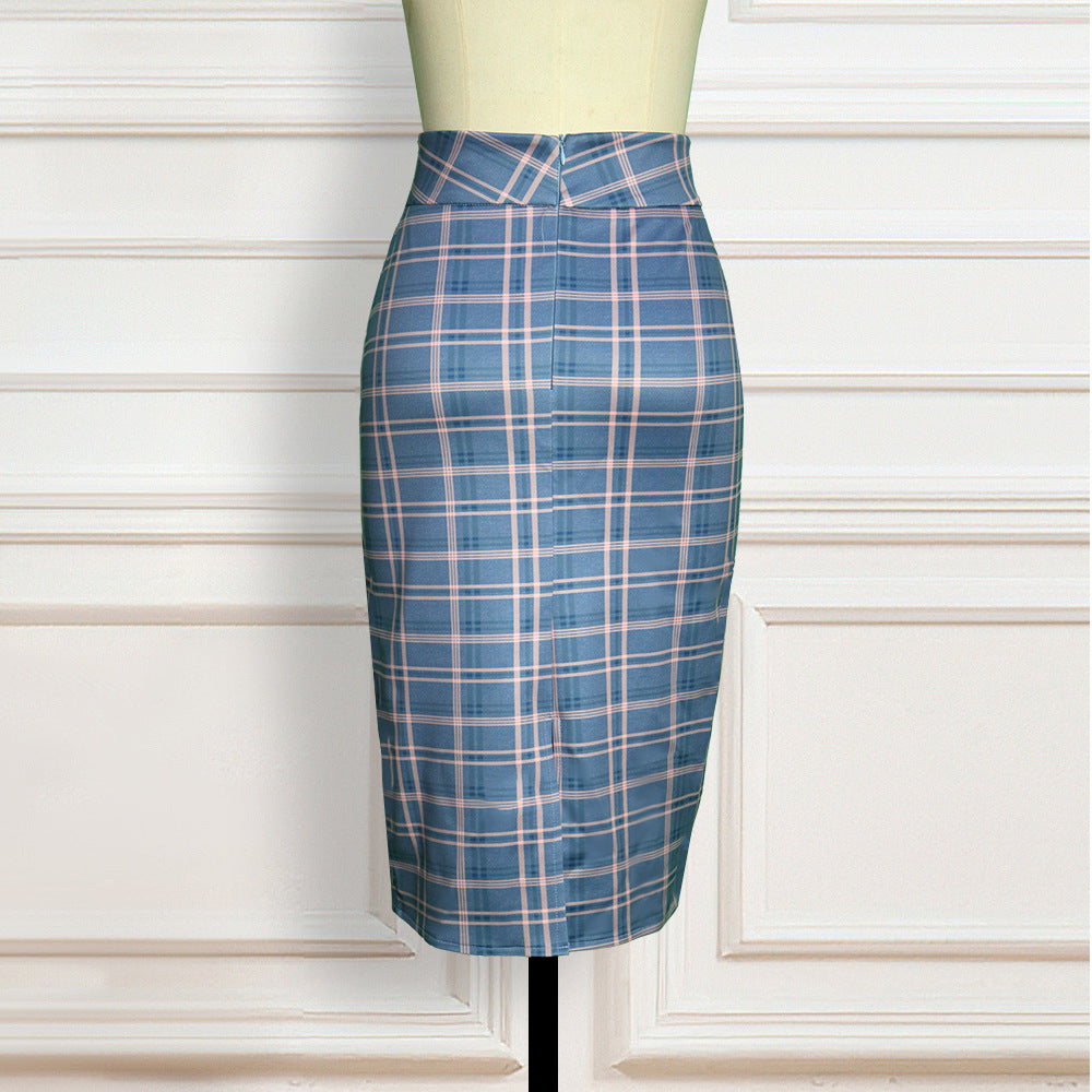 High Waist Bag Hip Plaid Retro Elegant Stretch All-Match Pencil Skirt