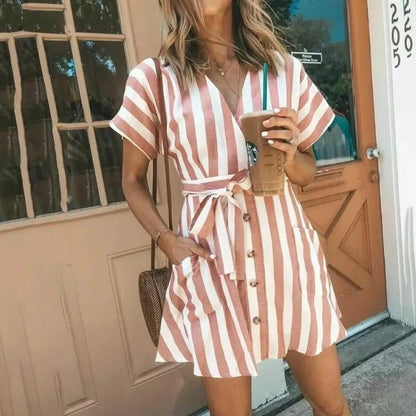 Fashion Casual Women Striped Deep V Tie Dress