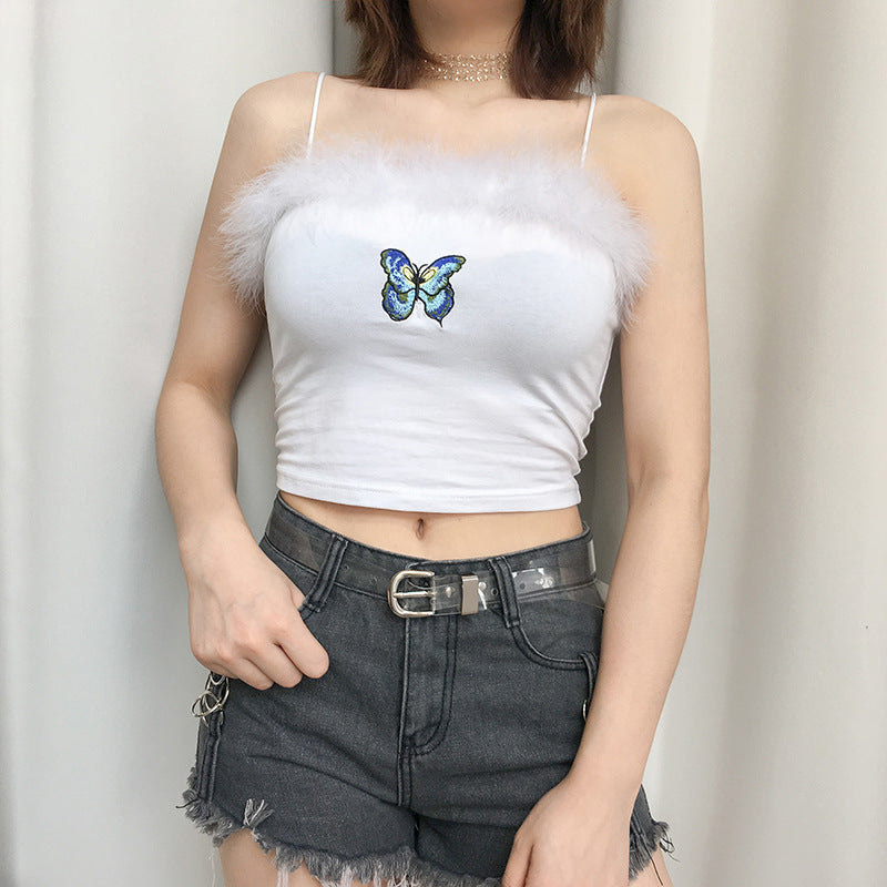 Plume Patchwork mignon Harajuku haut court femmes coloré papillon Appliques doux Spaghetti sangle Cami haut