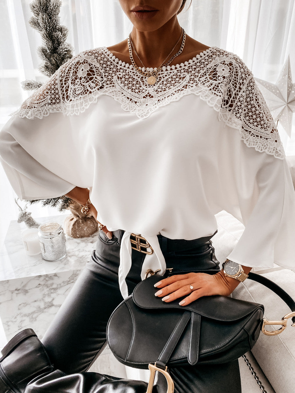 Long-Sleeved Lace Stitching Shirt