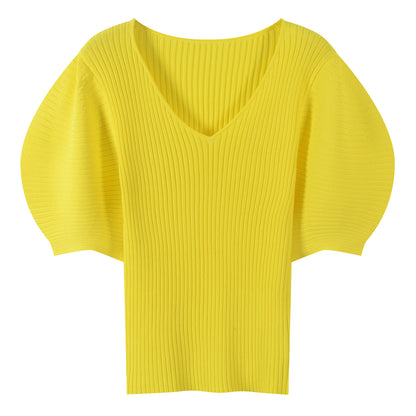 V-Neck Stretch Loose Puff Sleeve Knit Top