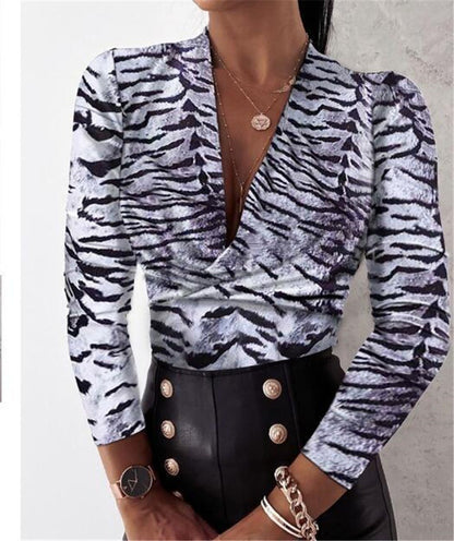 Long Sleeve V-neck Leopard Print Ladies Blouse