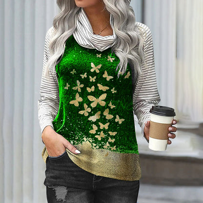 Stitching Long-sleeved Pile Neck Top Printed T-shirt