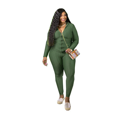 Solid Color Women Plus Size Two Piece Sport Set