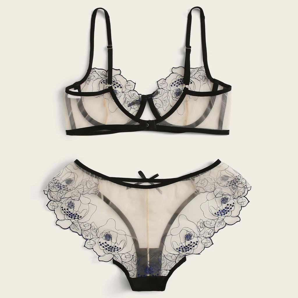 Ensemble de lingerie transparente brodée en maille pour femmes