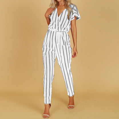 V-neck halter Elegant Striped Jumpsuit