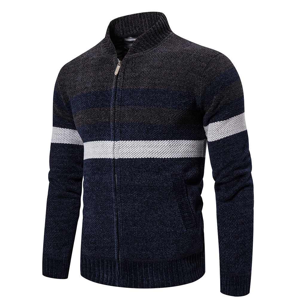 Casual Sweater Men Stand Collar Striped Color Matching Long Sleeves
