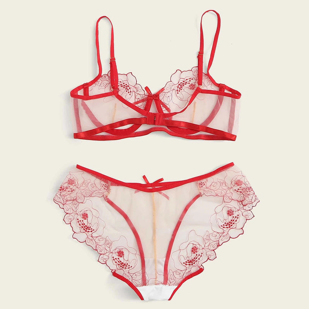 Ensemble de lingerie transparente brodée en maille pour femmes