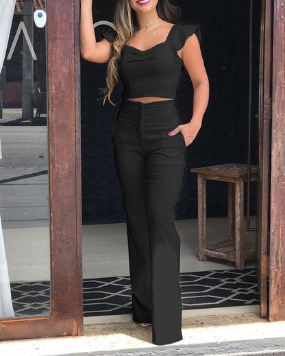 Women Slim Blouse And High Waist Long Pants Temperament Suit