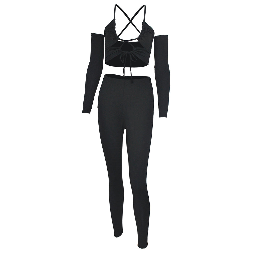 Lace-up Long-sleeve Tube Suspender Top Trousers Set