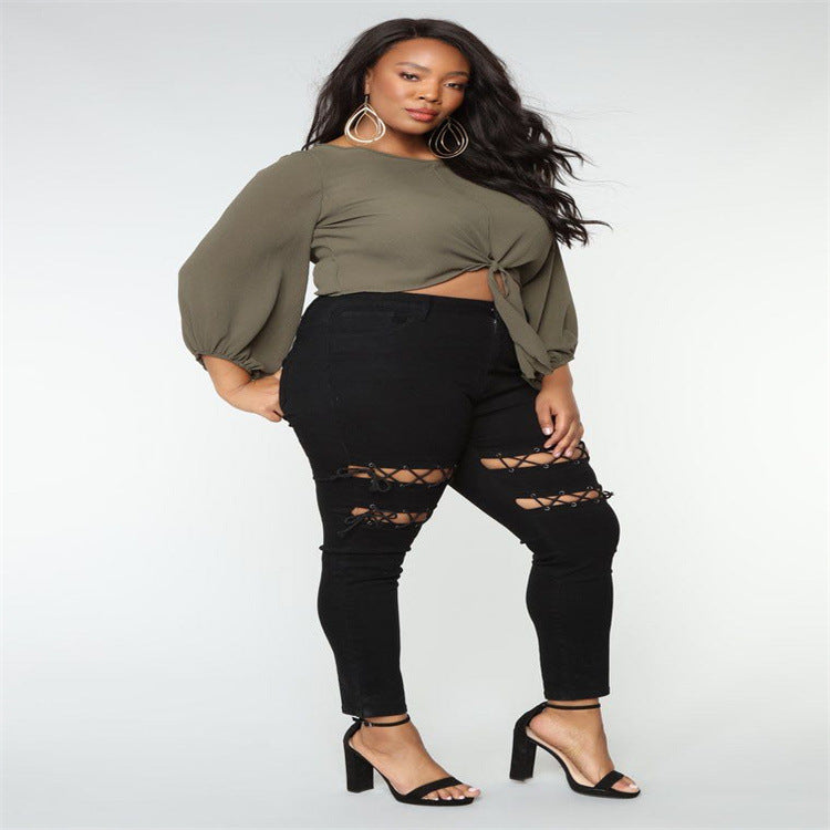 Jeans mode grande taille à bretelles à oeillets pour femmes