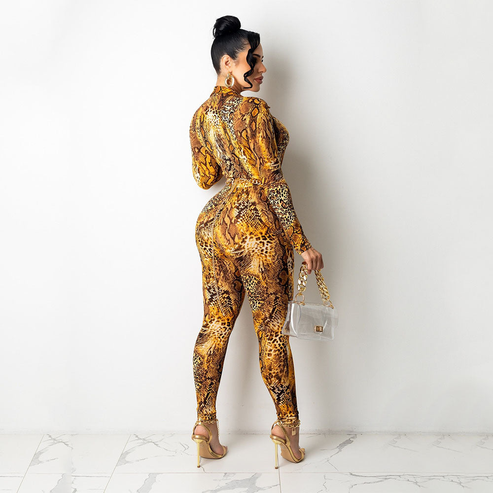 Snake Print Digital Print Long-Sleeved Skinny Jumpsuit