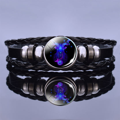 Luminous Twelve Constellation Couple Bracelet  Black Leather Bracelet