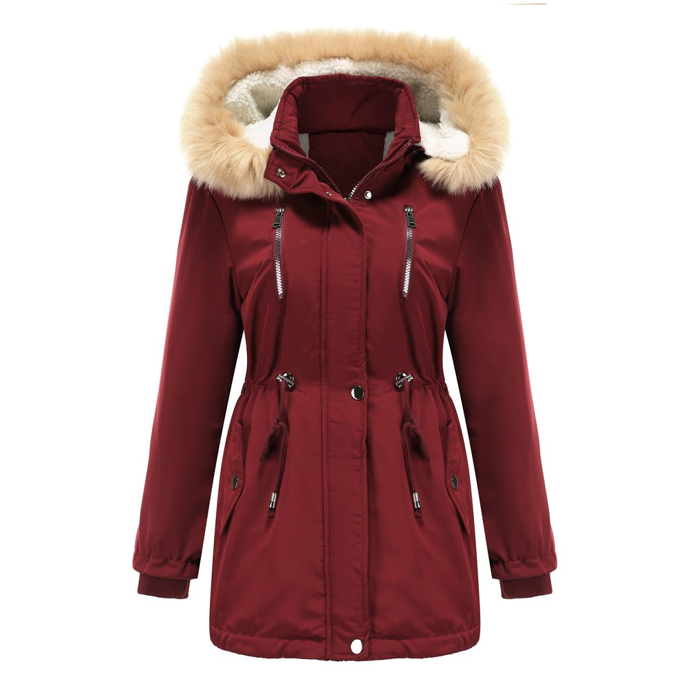 Chaqueta suelta de algodón grueso de terciopelo de cordero para mujer con capucha desmontable y chaqueta polar