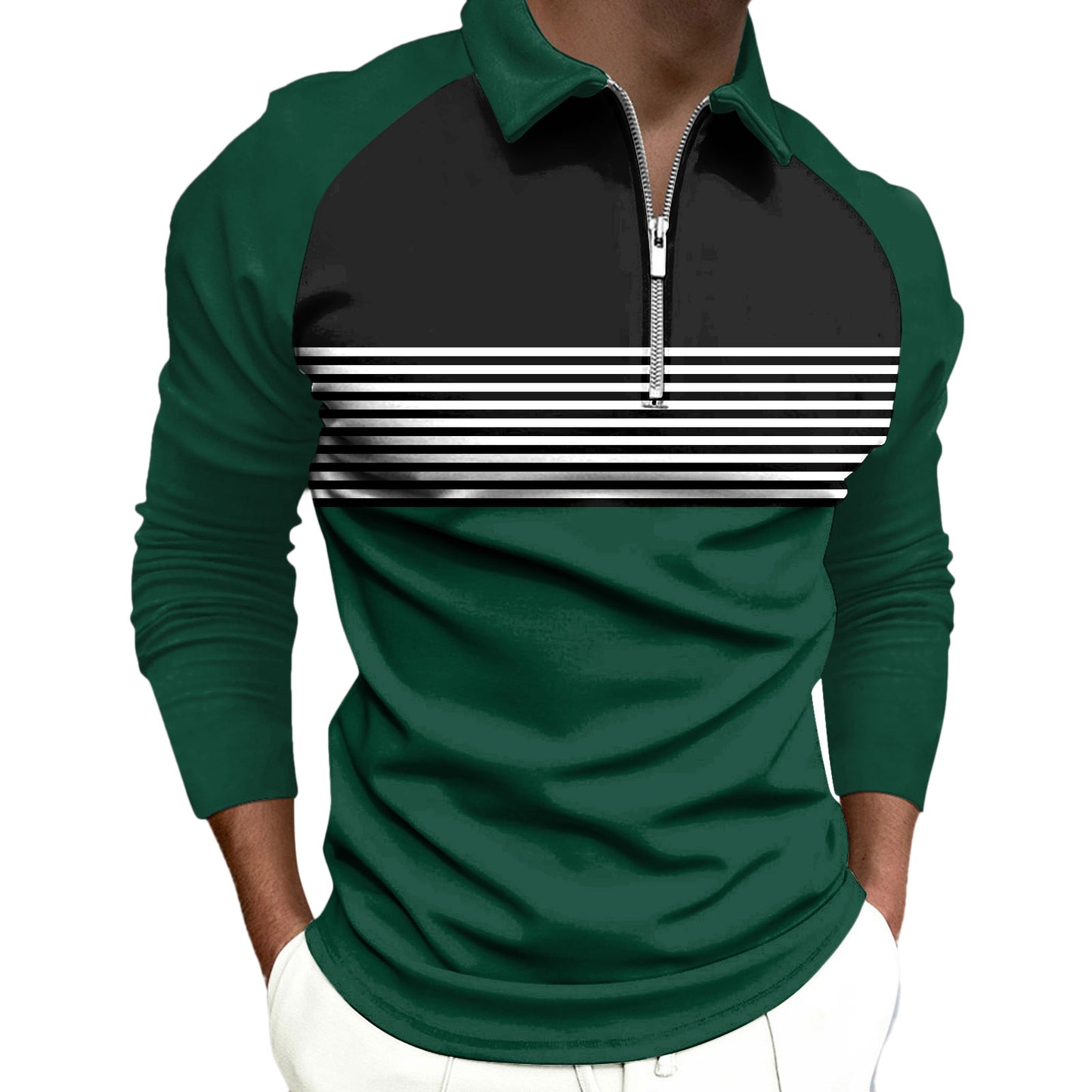 Striped Black Raglan Printed Simple Zipper Lapel Long Sleeve Polo Shirt