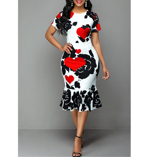 Women Round Neck Short Sleeve Printed Slim Ruffle Dress