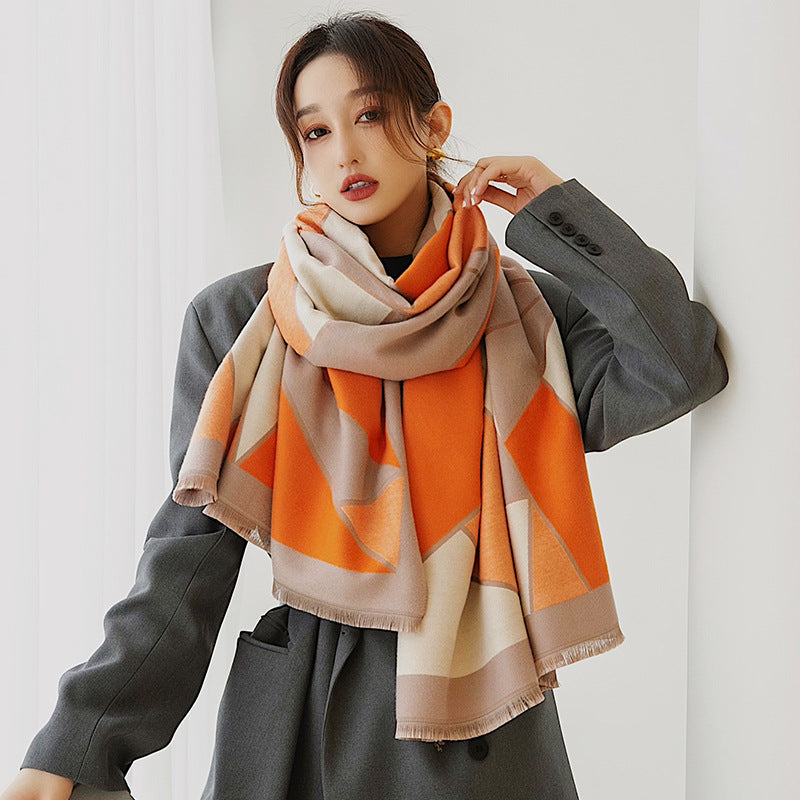 Color Block Warm Scarf Shawl Double-sided Imitation Cashmere