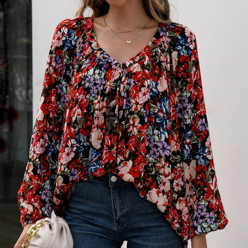 Chemise décontractée ample à col en V et à petites fleurs à manches longues