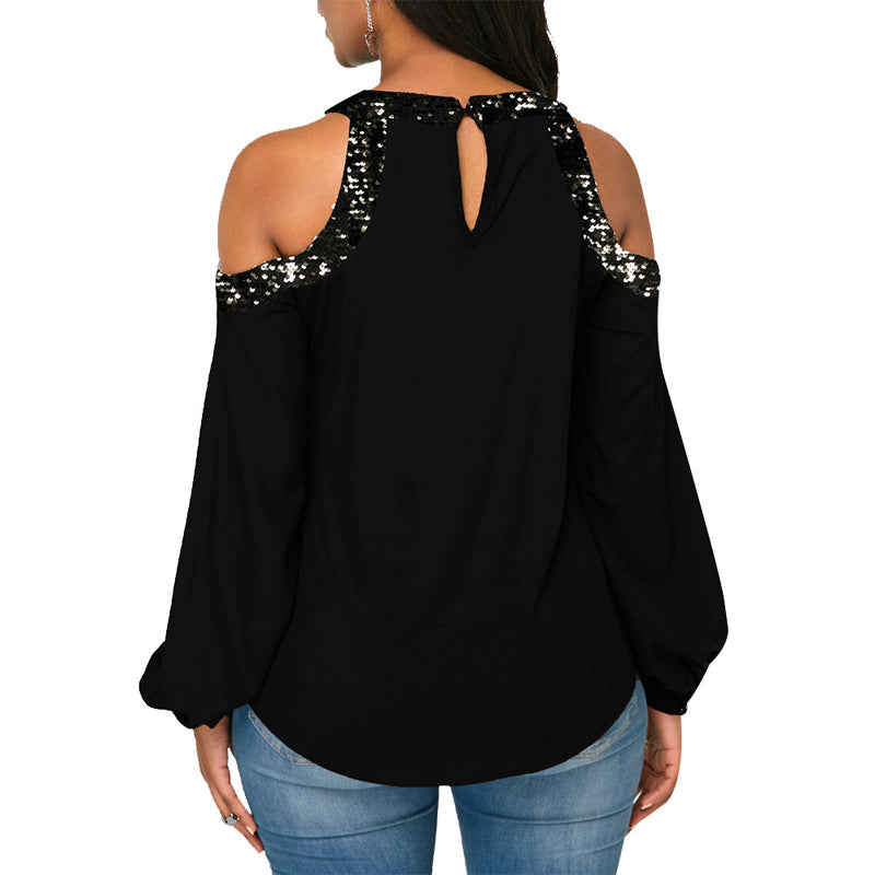 Spliced Sequin Round Neck Strapless Casual T-shirt