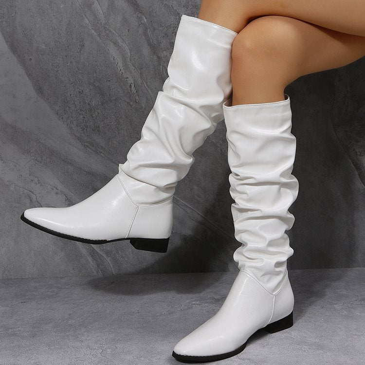 Botas plegables de moda de tubo largo con tacón bajo en punta