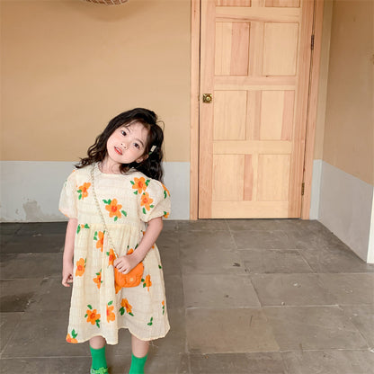 Children's Orange Flower Dress Pleated Casual