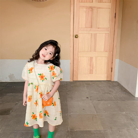 Robe à fleurs orange pour enfants plissée décontractée