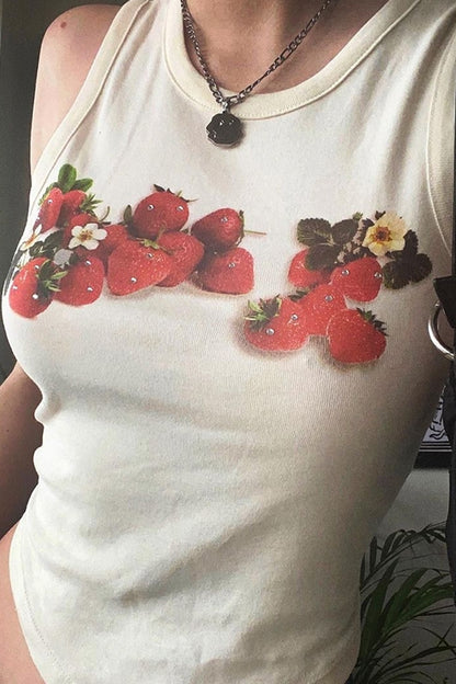 Vintage White Strawberry Sleeveless Camisole