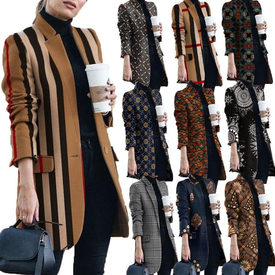 Fashion Printed Stand-Collar Woolen Coat Women