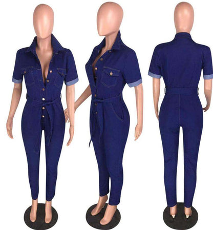 Women Denim Jeans Jumpsuit Long Sleeve Tights Belt