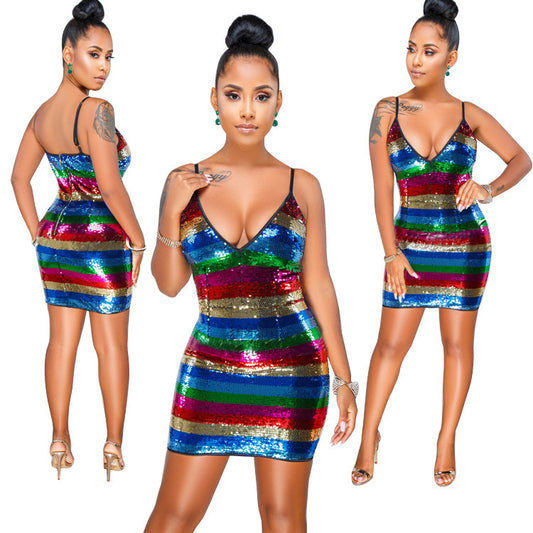 Striped Sequin Nightclub V-neck Sling Dress