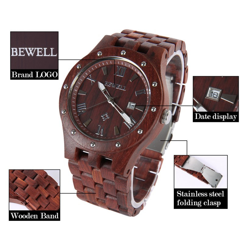 Men Luminous Hands Fashion Casual Auto Date Wooden Wristwatch