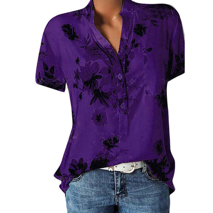 Fashion printed V-neck short sleeve shirt